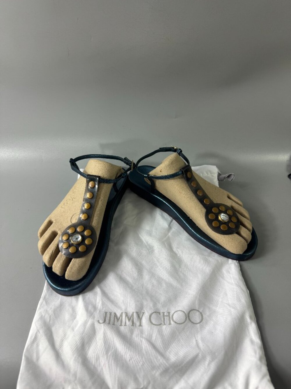 Authentic Jimmy Choo Fiona Blue Metallic Leather T-Strap Flat Sandal, Size 37